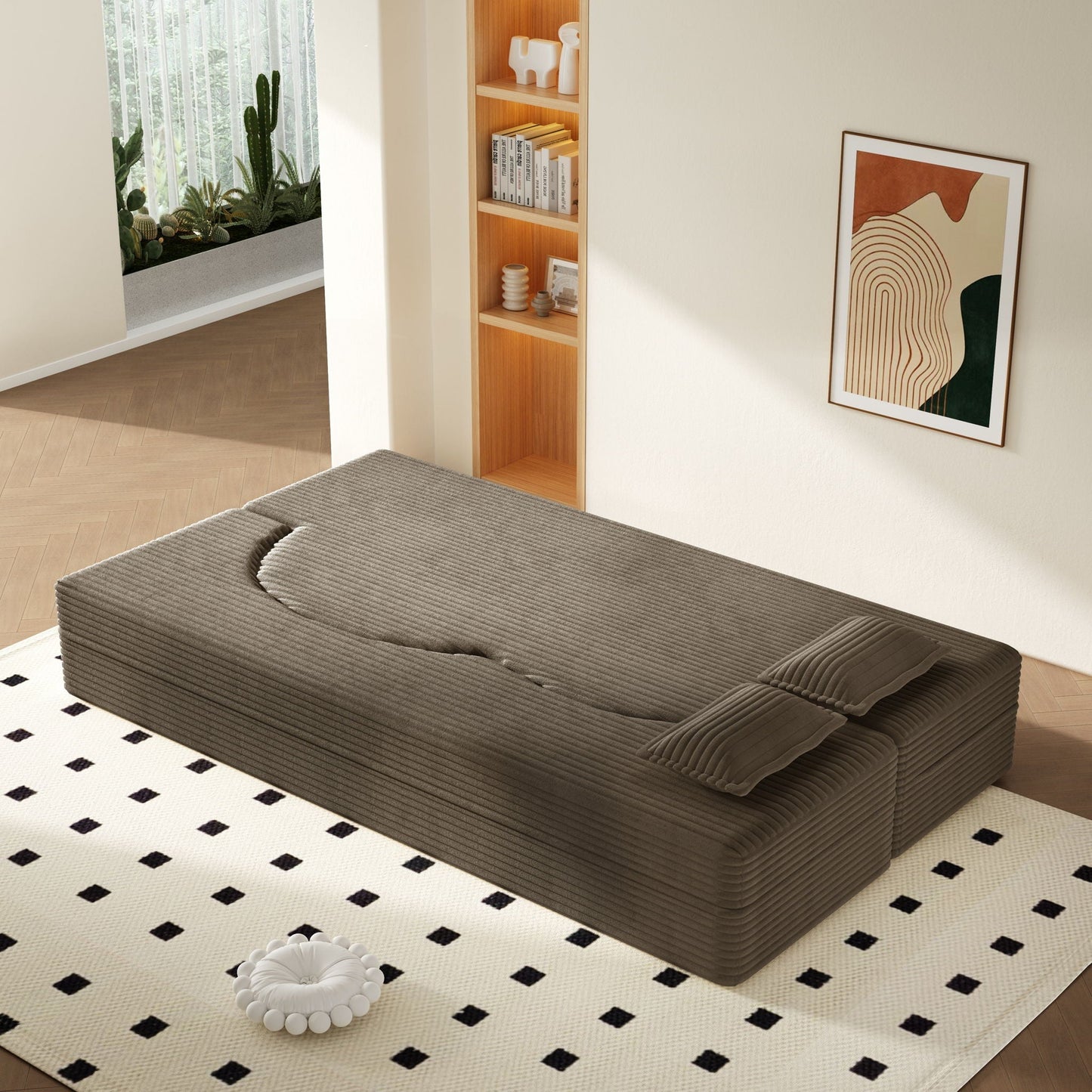 Modern floor futon with 2 pillows in gray fabric for living room on Tampa Home & Garden Store