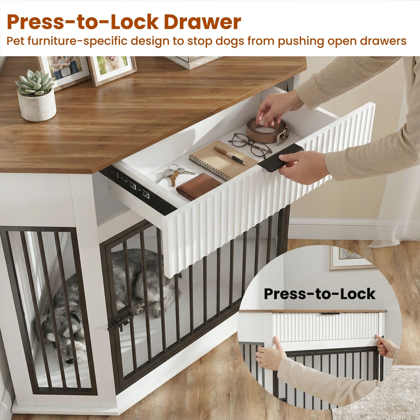 Corner Dog Crate by HouseOfZazla; white pet furniture with black metal bars on Tampa Home & Garden Store