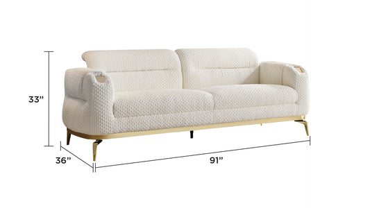 Zoe Modern Style Sofa in ivory boucle with rounded arms and gold metal legs, 91in long on Tampa Home & Garden Store