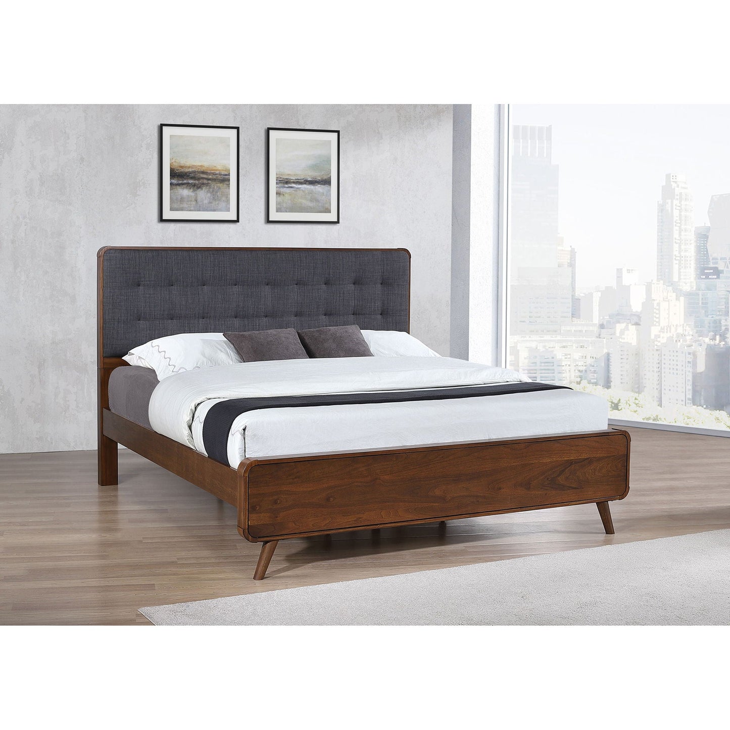 Carson Carrington platform bed with tufted dark gray fabric headboard and walnut wood frame on Tampa Home & Garden Store