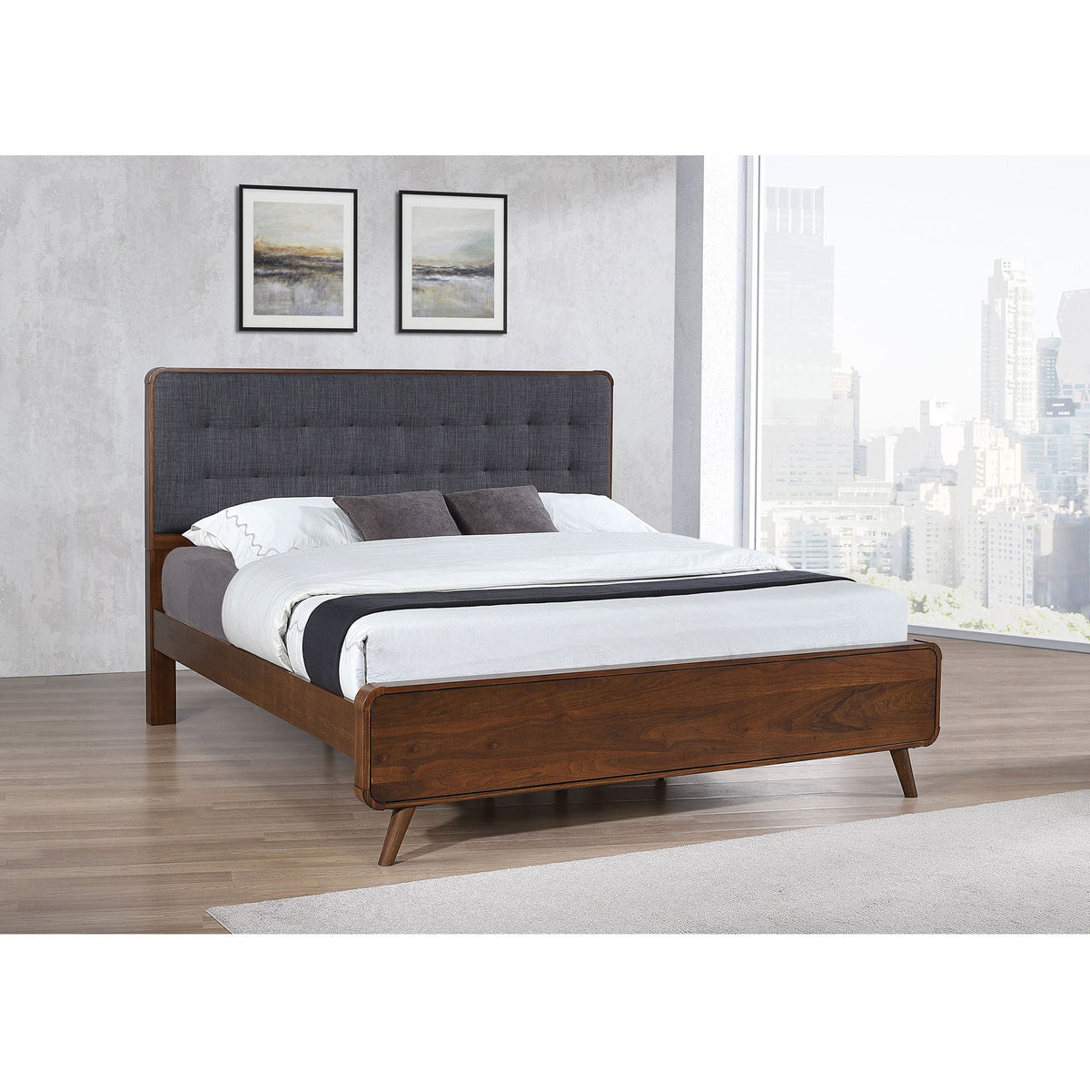 Carson Carrington platform bed with tufted dark gray fabric headboard and walnut wood frame on Tampa Home & Garden Store