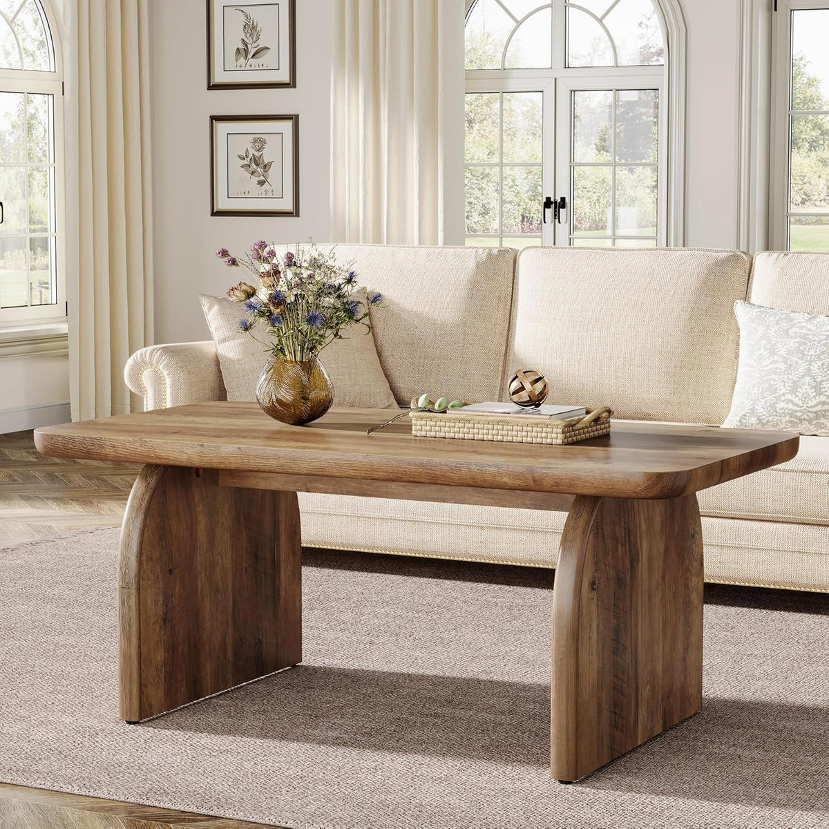 Rectangle Coffee Table with H-Base and rounded corners in brown wood by HouseOfZazla on Tampa Home & Garden Store