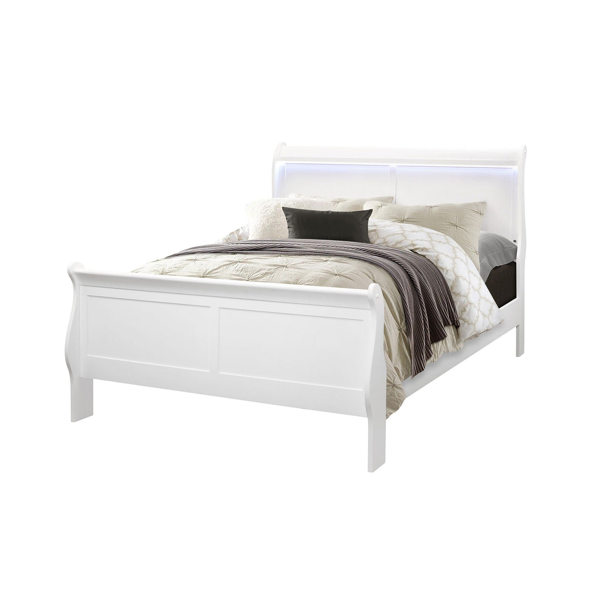 Charlston modern sleigh bed with LED headboard in white, beige bedding and dark accent pillow on Tampa Home & Garden Store
