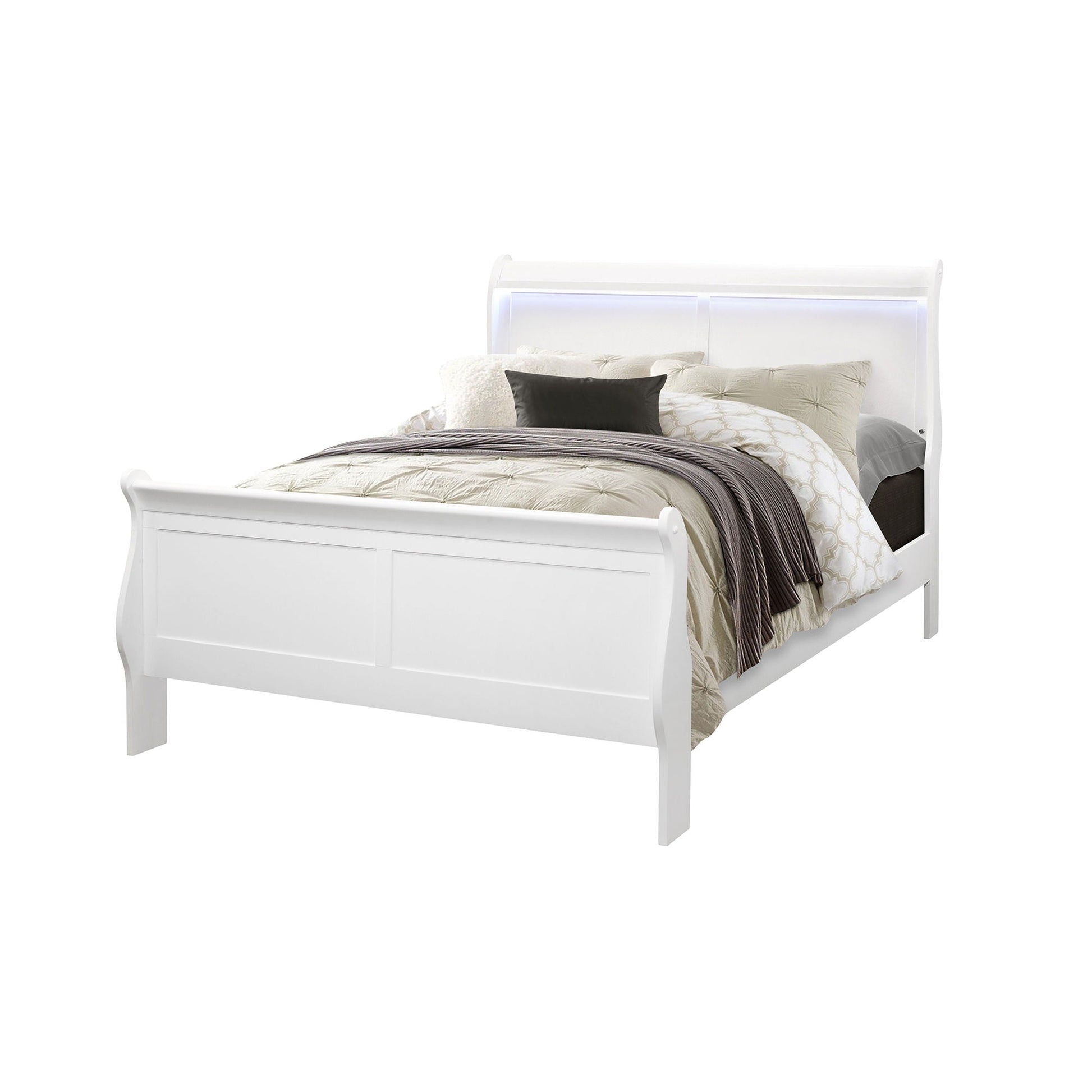 Charlston modern sleigh bed with LED headboard in white, beige bedding and dark accent pillow on Tampa Home & Garden Store