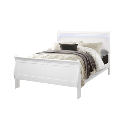 Charlston modern sleigh bed with LED headboard in white, beige bedding and dark accent pillow on Tampa Home & Garden Store