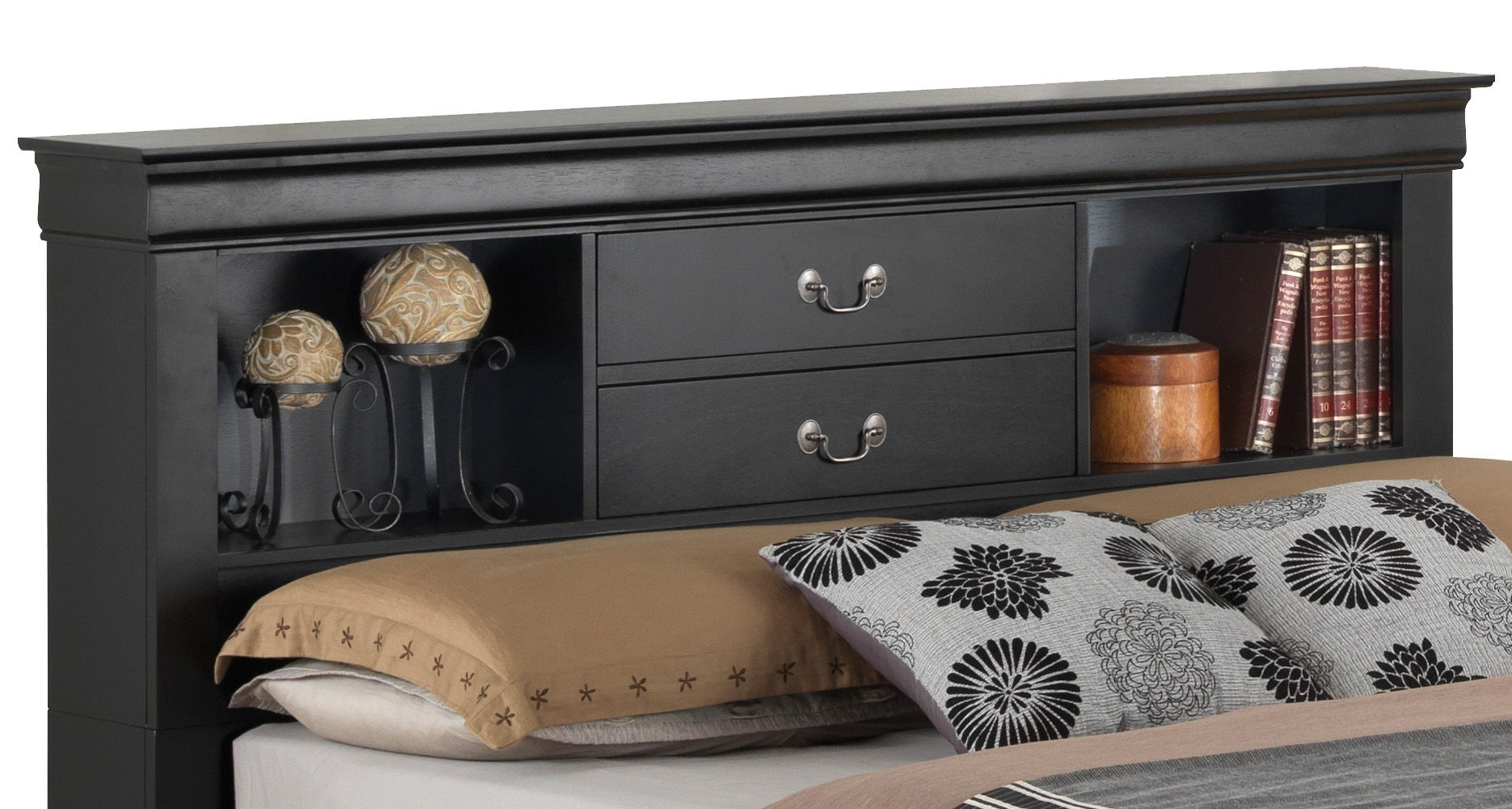 Traditional style bookcase storage bed in dark espresso with two drawers and side shelves on Tampa Home & Garden Store