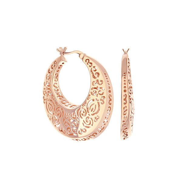 Hoop earrings pair by Lauren G Adams in rose gold with intricate openwork scroll design on Tampa Home & Garden Store