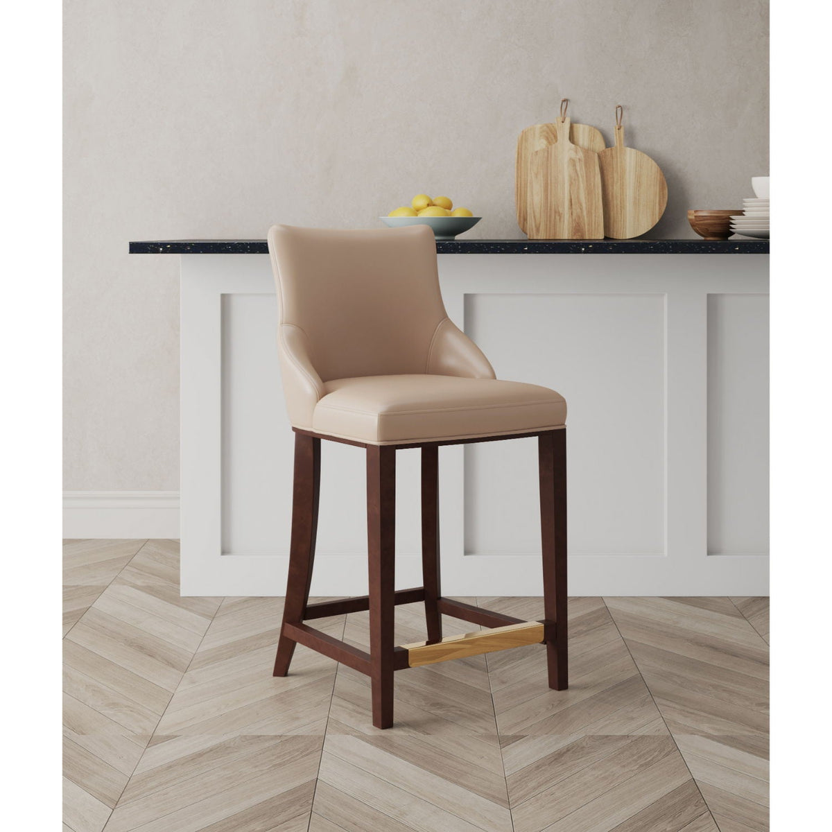 Shubert Counter Stool beige leather with dark wood legs 24–27 in counter height HouseOfZazla on Tampa Home & Garden Store