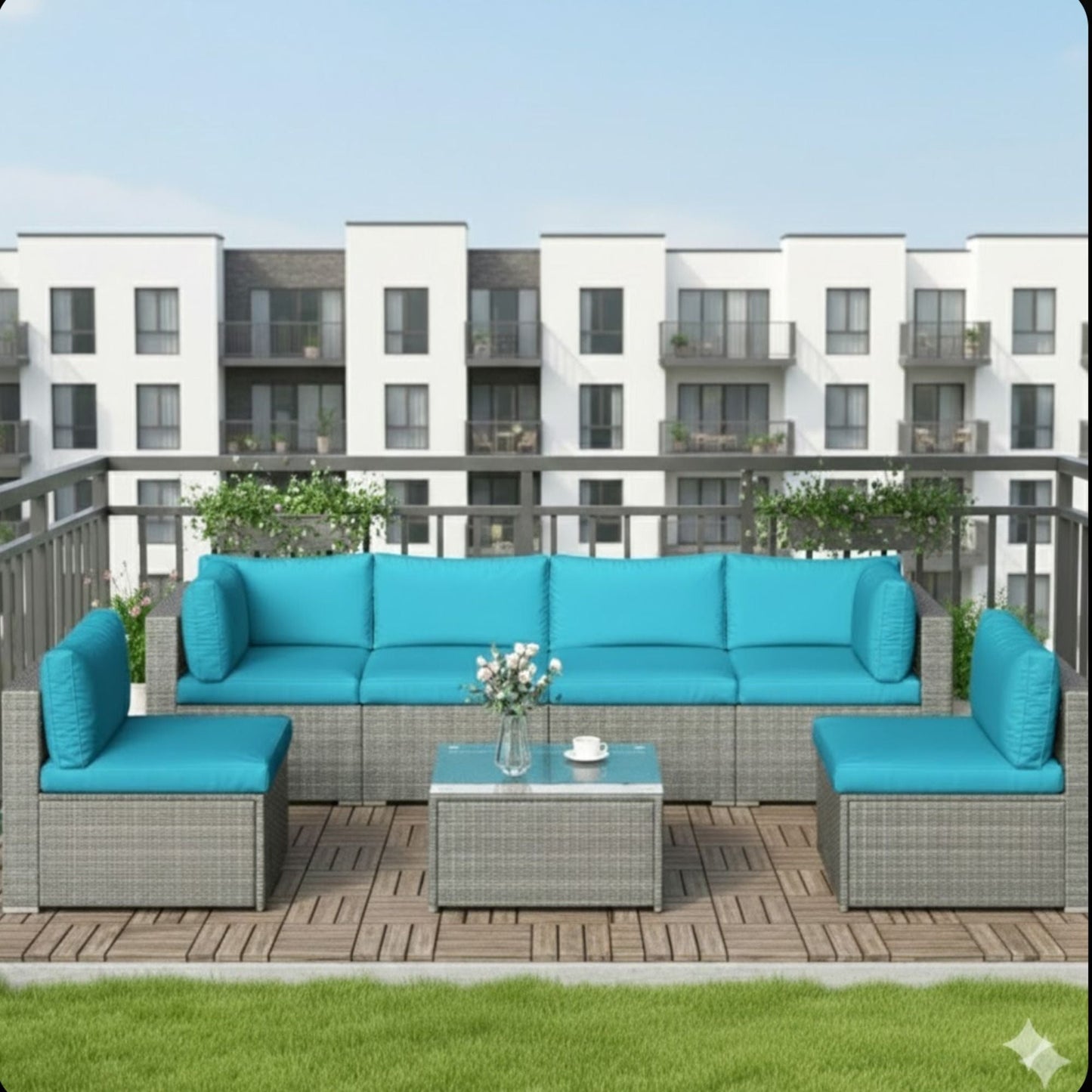 Modern patio set 2-piece outdoor sectional with turquoise cushions and coffee table on Tampa Home & Garden Store