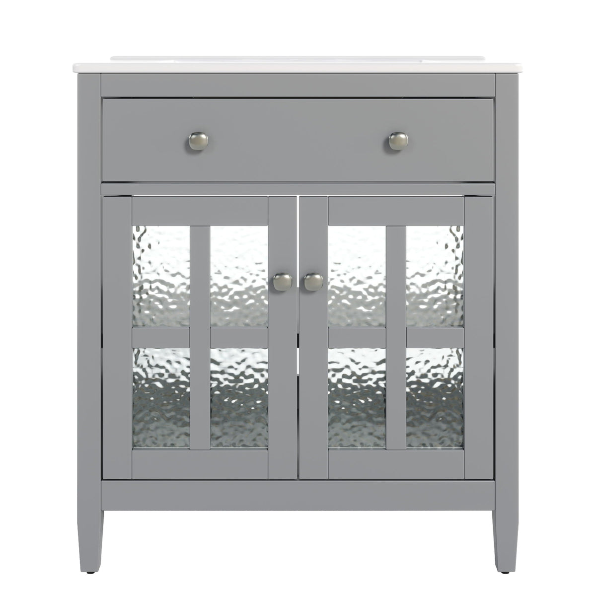 Bathroom vanity with ceramic sink, gray finish, white countertop and glass panel doors on Tampa Home & Garden Store