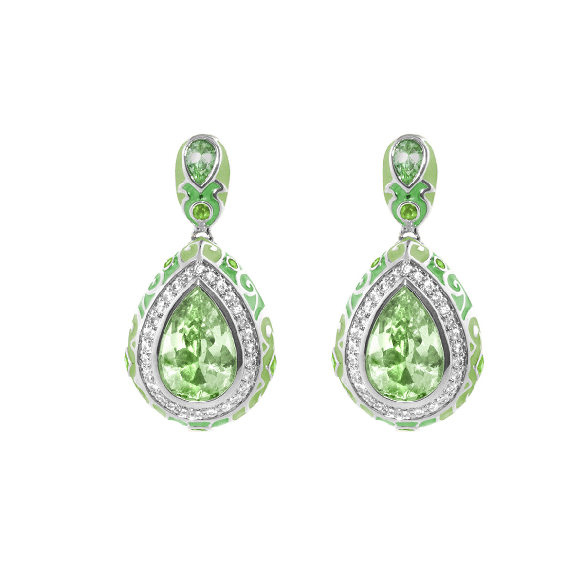 Elegant Drops Earrings by Lauren G Adams, lime green teardrop gem with silver setting pair on Tampa Home & Garden Store