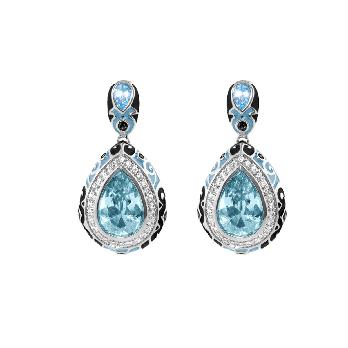 Elegant Drops Earrings by Lauren G Adams, aqua teardrop crystals with enamel blue accents, pair on Tampa Home & Garden Store