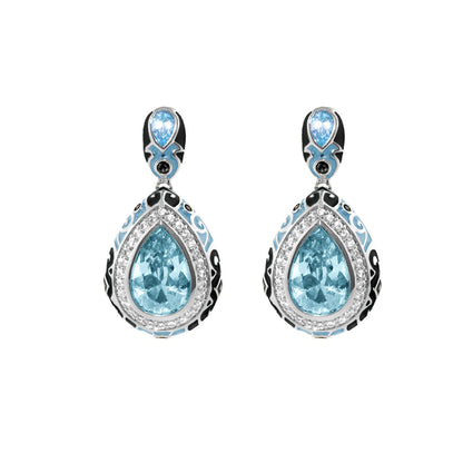 Elegant Drops Earrings by Lauren G Adams, aqua teardrop crystals with enamel blue accents, pair on Tampa Home & Garden Store