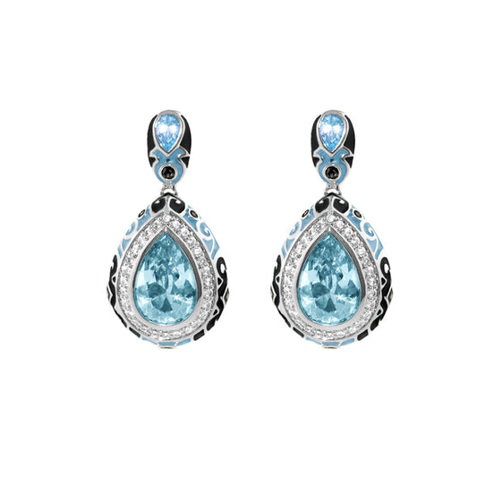 Elegant Drops Earrings by Lauren G Adams, aqua teardrop crystals with enamel blue accents, pair on Tampa Home & Garden Store