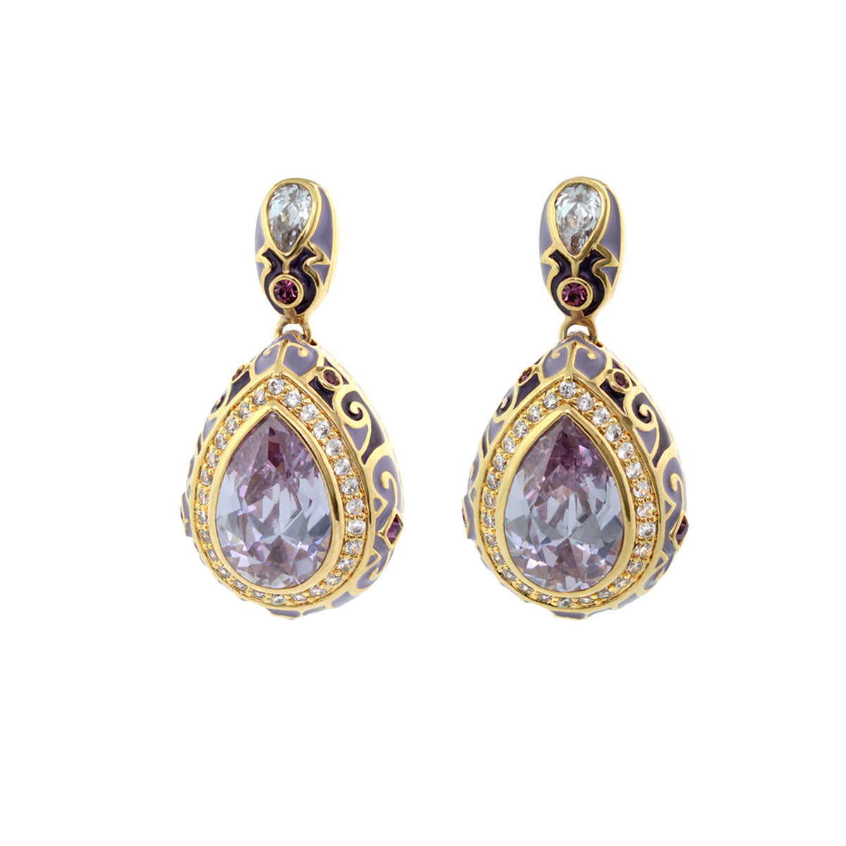 Elegant Drops Earrings duo by Lauren G Adams, gold with purple enamel and teardrop crystals on Tampa Home & Garden Store
