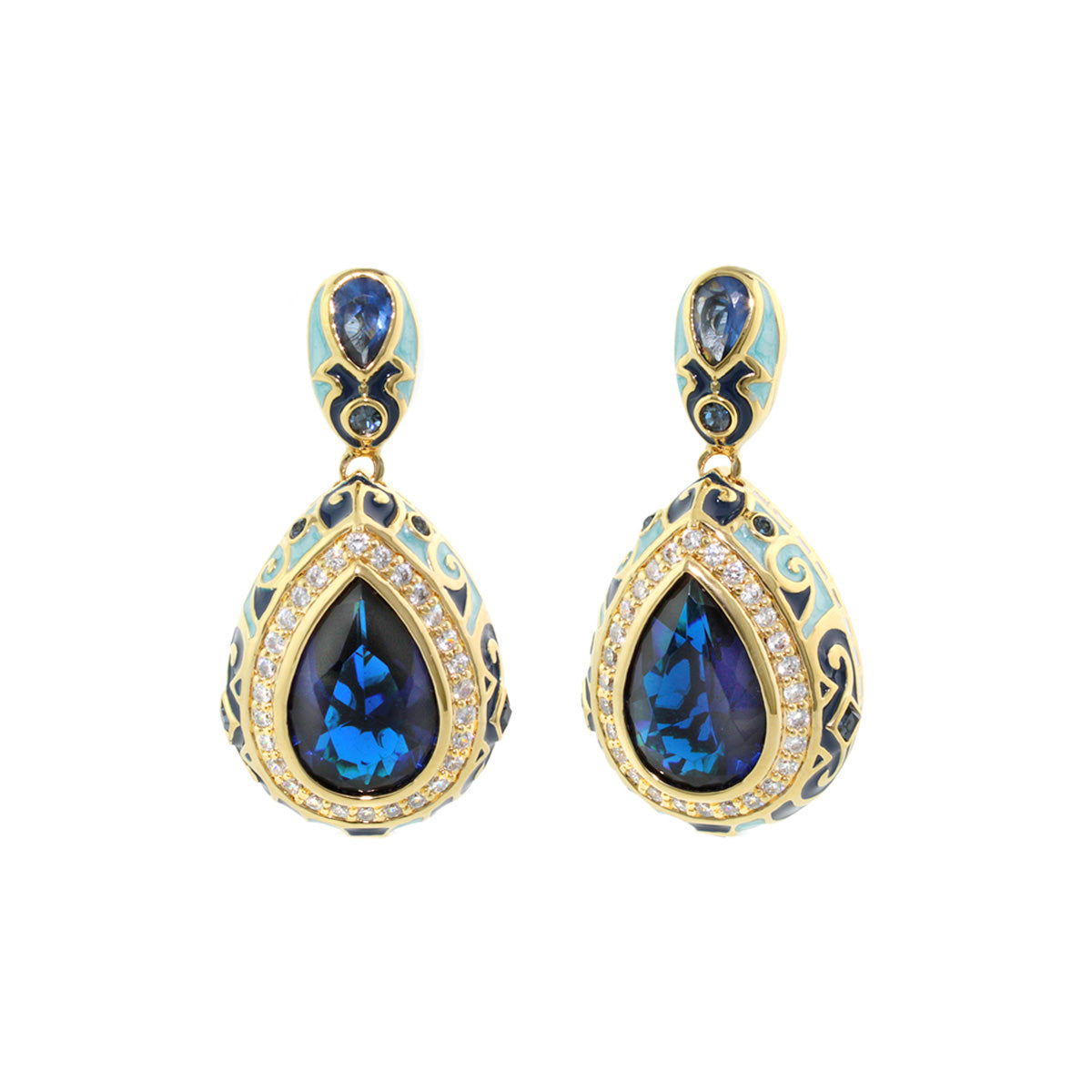 Elegant Drops Earrings by Lauren G Adams, gold-tone drops with blue teardrop crystals, pair on Tampa Home & Garden Store
