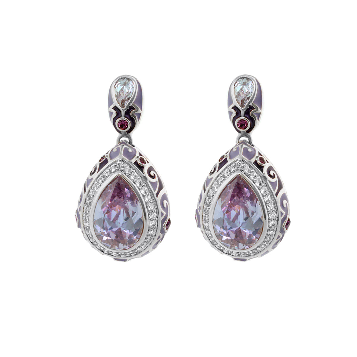 Elegant Drops Earrings, Lauren G Adams lilac teardrop with pavé halo in silver filigree, pair on Tampa Home & Garden Store