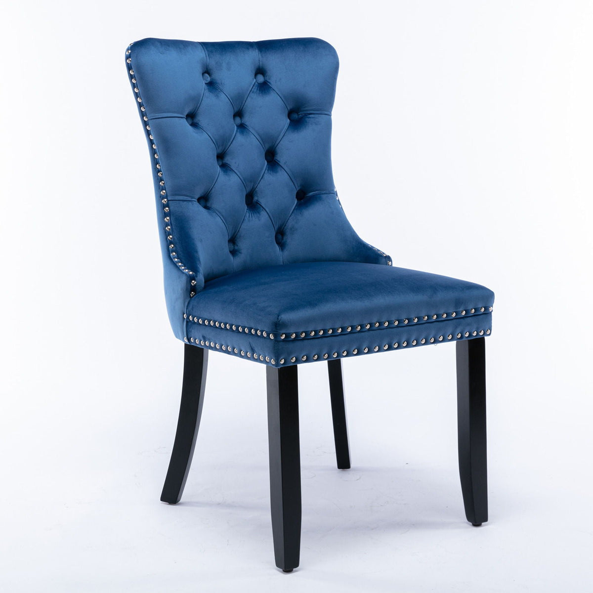 Tufted dining chair set in blue velvet with nailhead trim and wood legs by HouseOfZazla on Tampa Home & Garden Store