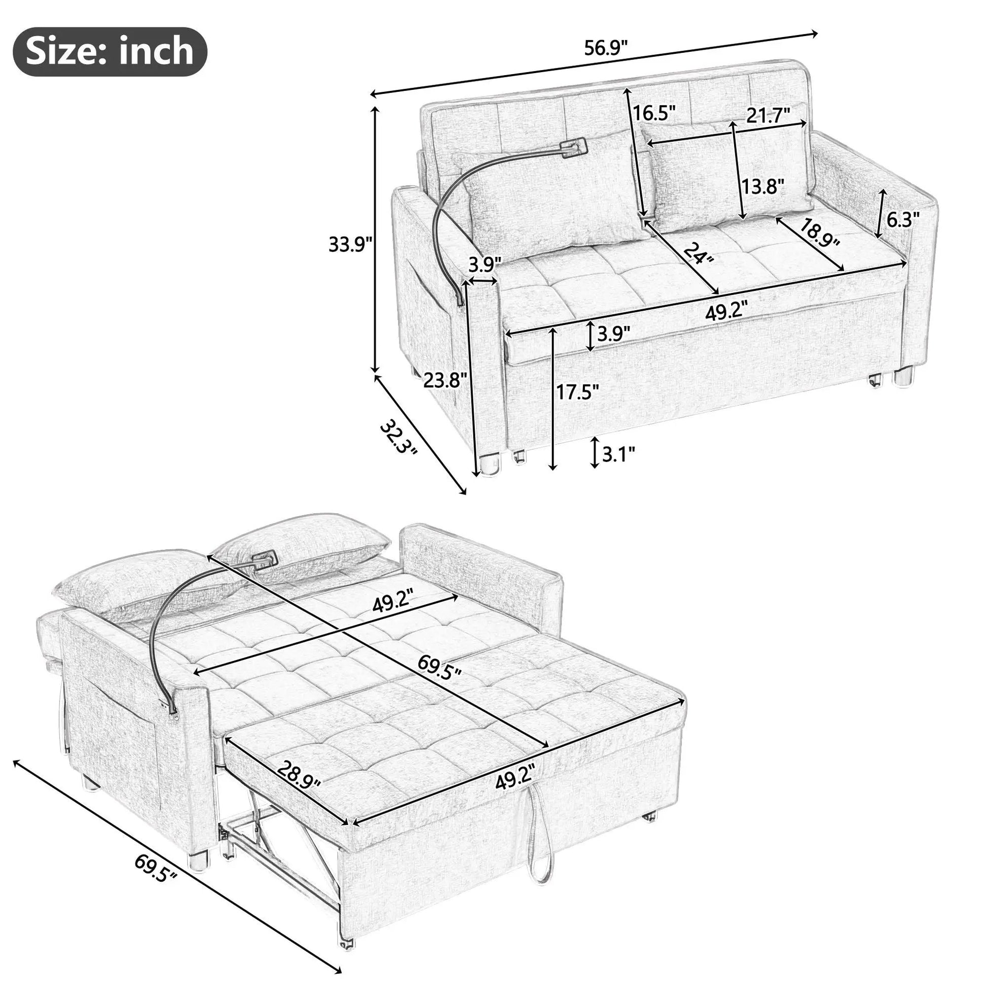 Unique Piece Furniture sleeper loveseat with pull-out bed and reversible backrest cushion, side pockets on Tampa Home & Garden Store