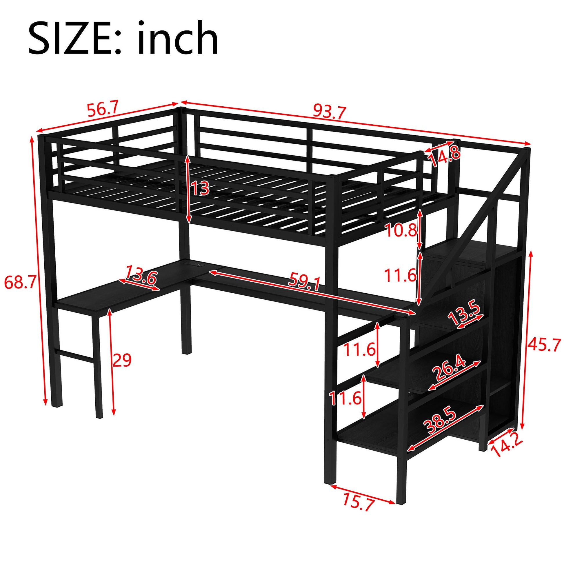 Full-size loft bed frame in black metal with integrated L-shaped desk and shelving stairs on Tampa Home & Garden Store