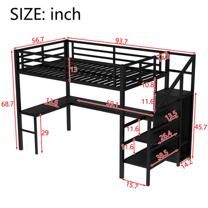 Full-size loft bed frame in black metal with integrated L-shaped desk and shelving stairs on Tampa Home & Garden Store