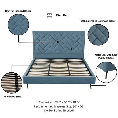 Crosby upholstered bed with chevron headboard and slats in blue velvet by HouseOfZazla on Tampa Home & Garden Store