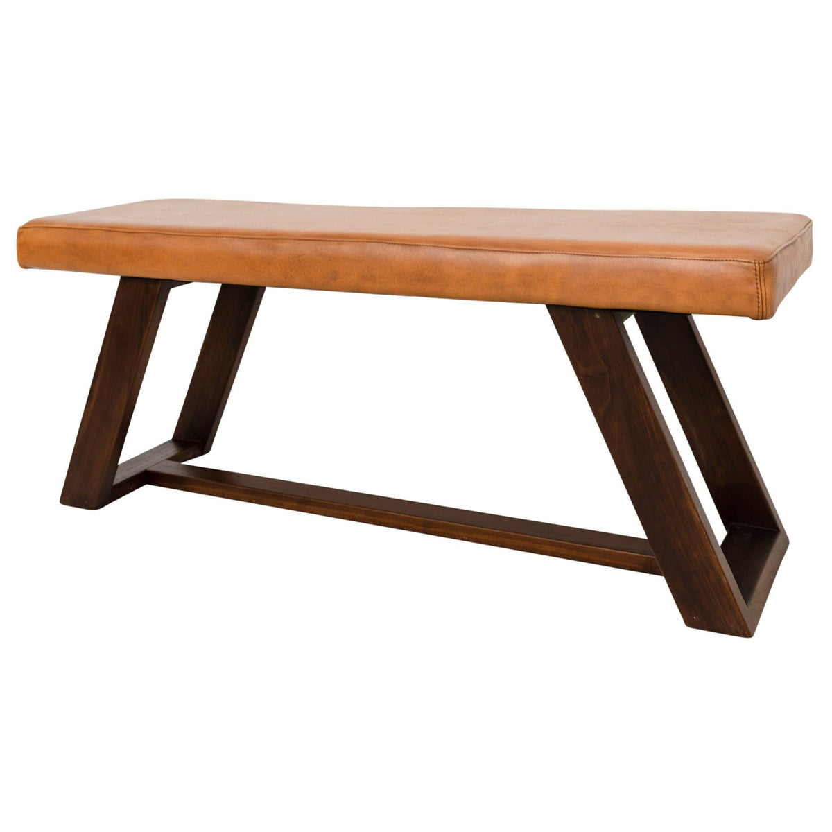 Light brown upholstered bench with hand stitching and dark wood legs on Tampa Home & Garden Store