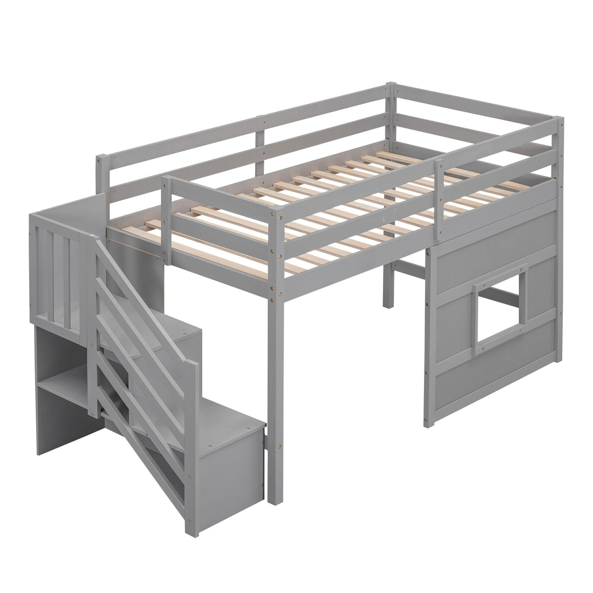 Gray loft bed with storage staircase and slatted base by HouseOfZazla on Tampa Home & Garden Store