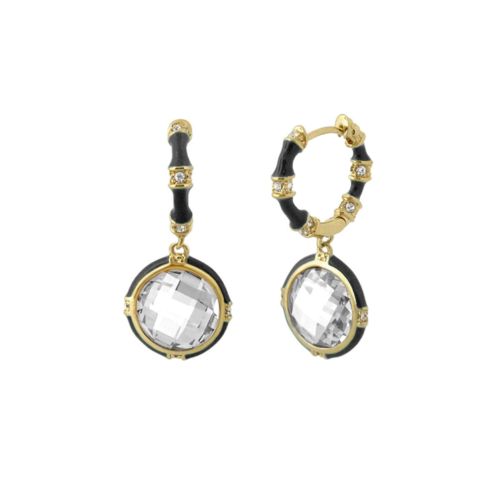 Prince Charming CZ Earrings by Lauren G Adams, gold-tone hoops with black enamel and stones pair on Tampa Home & Garden Store