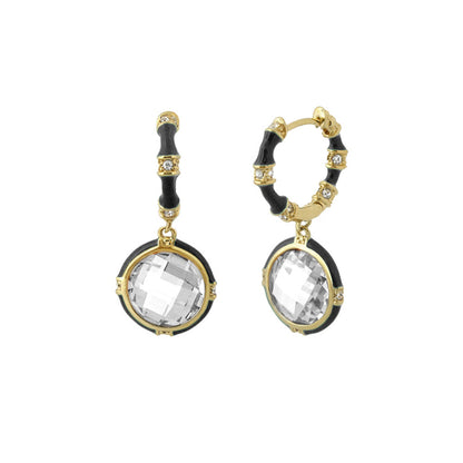 Prince Charming CZ Earrings by Lauren G Adams, gold-tone hoops with black enamel and stones pair on Tampa Home & Garden Store