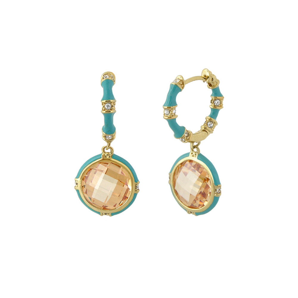 Prince Charming Cubic Zirconia Earrings, pair turquoise enamel hoops with peach drops on Tampa Home & Garden Store