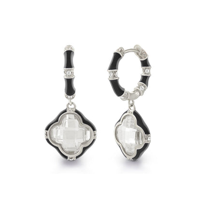 Prince Charming Earrings — Enamel-Framed Clover Drop black enamel hoops with clover drops on Tampa Home & Garden Store