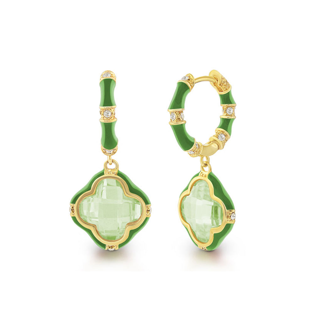 Prince Charming Earrings Enamel-Framed Clover Drop, bamboo hoops palegreen clover pendants in gold on Tampa Home & Garden Store