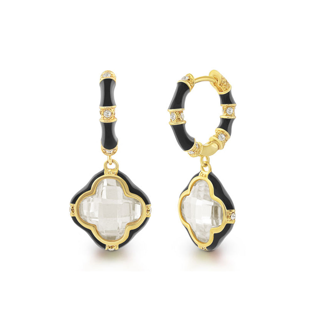 Prince Charming Earrings — Enamel Clover Drop, gold-tone hoops with black enamel and clear drops on Tampa Home & Garden Store