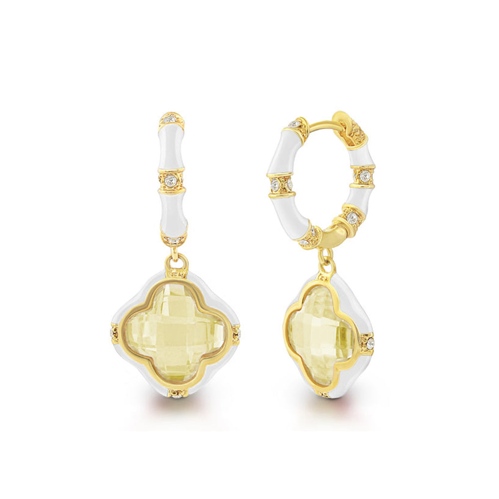 Prince Charming Earrings-Enamel Clover Drop, Lauren G Adams, gold-tone with pale yellow gem pair on Tampa Home & Garden Store