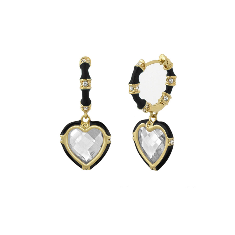 Prince Charming Earrings by Lauren G Adams pair of hoops with black enamel and crystal heart on Tampa Home & Garden Store