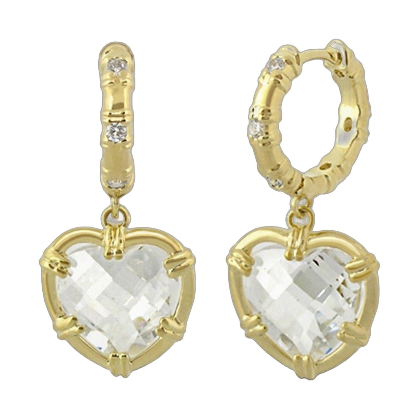 Prince Charming Heart Earrings by Lauren G Adams, gold-tone hoops with crystal heart pendants on Tampa Home & Garden Store