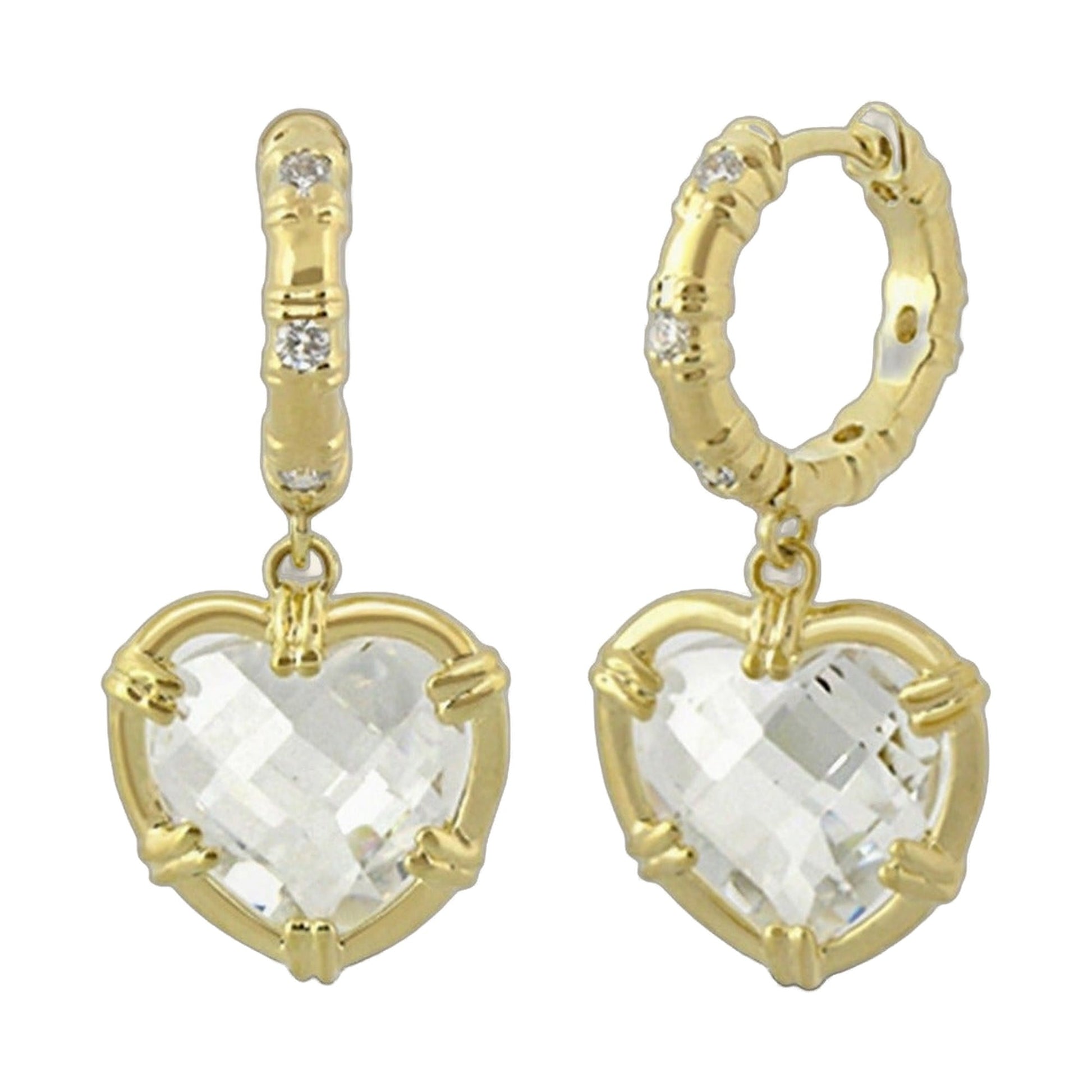 Prince Charming Heart Earrings by Lauren G Adams, gold-tone hoops with crystal heart pendants on Tampa Home & Garden Store