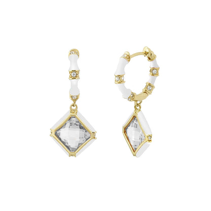 Prince Charming Earrings drops enamel-framed; white enamel and crystals; gold-tone pair on Tampa Home & Garden Store