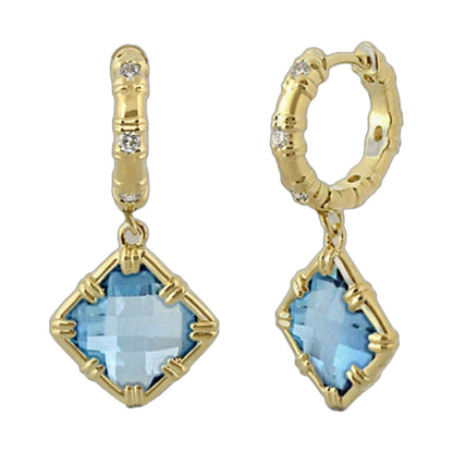 Prince Charming Rhombus Earrings pair by Lauren G Adams, gold-tone with diamonds and blue stone on Tampa Home & Garden Store