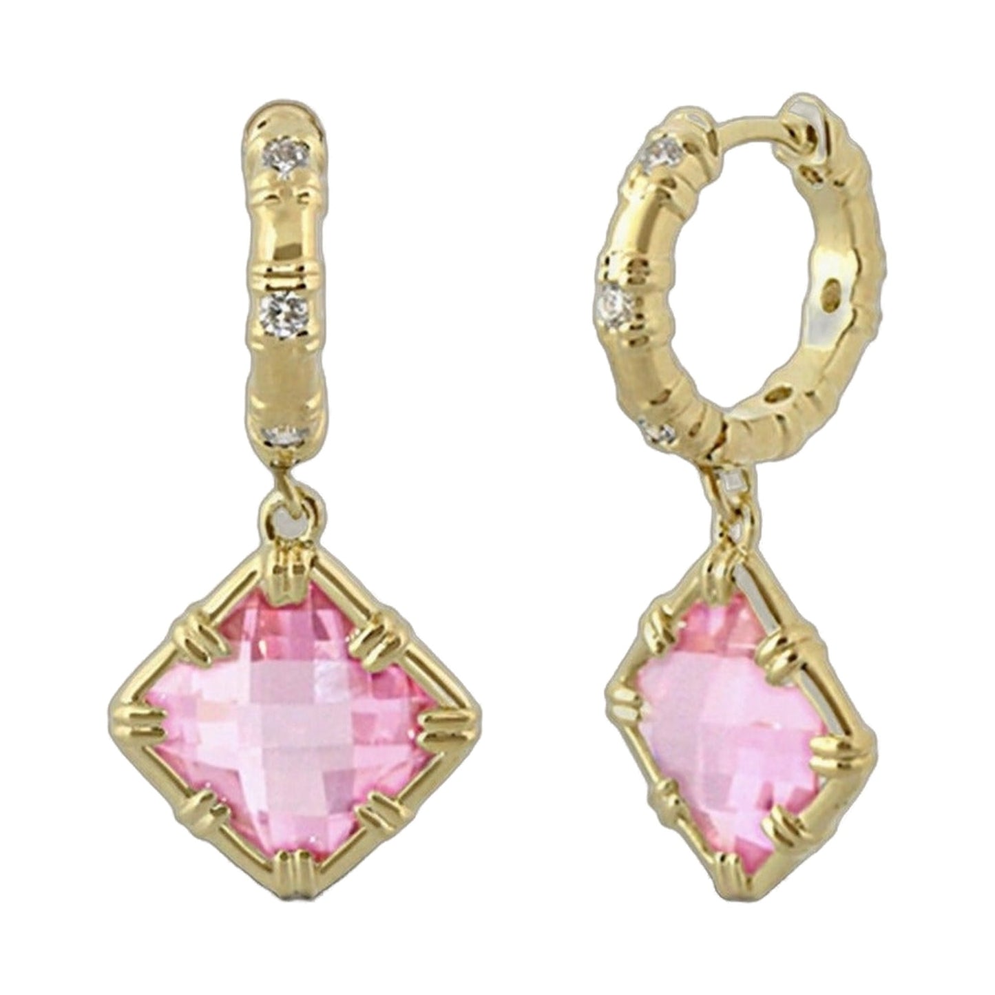 Prince Charming Rhombus Earrings by Lauren G Adams in gold-tone with pink faceted stones and clear crystals on Tampa Home & Garden Store