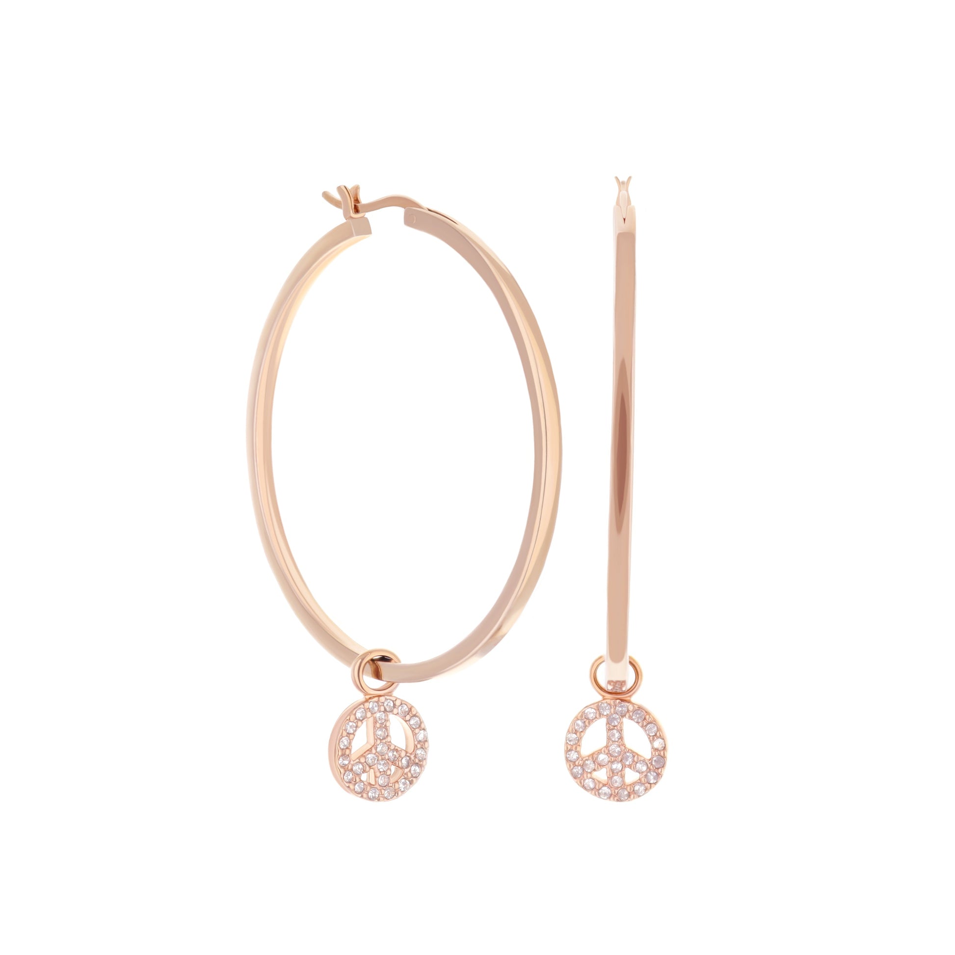 Peace Sign Hoop Earrings by Lauren G Adams, rose gold hoops with crystal peace sign charms, pair on Tampa Home & Garden Store