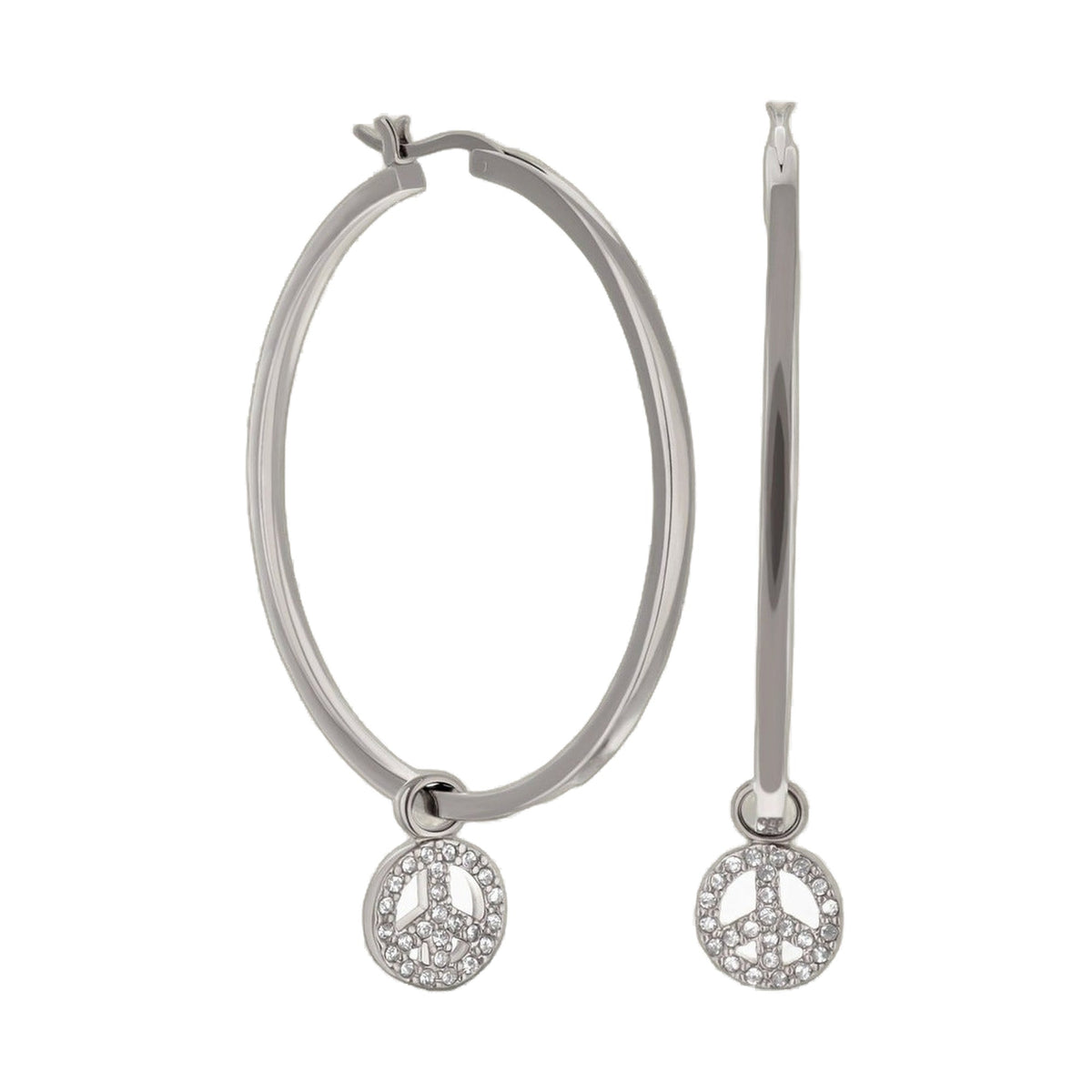 Peace Sign Hoop Earrings by Lauren G Adams, silver-tone hoops with rhinestone pendant pair on Tampa Home & Garden Store