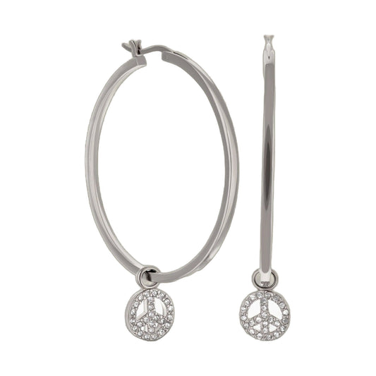 Peace Sign Hoop Earrings by Lauren G Adams, silver-tone hoops with rhinestone pendant pair on Tampa Home & Garden Store