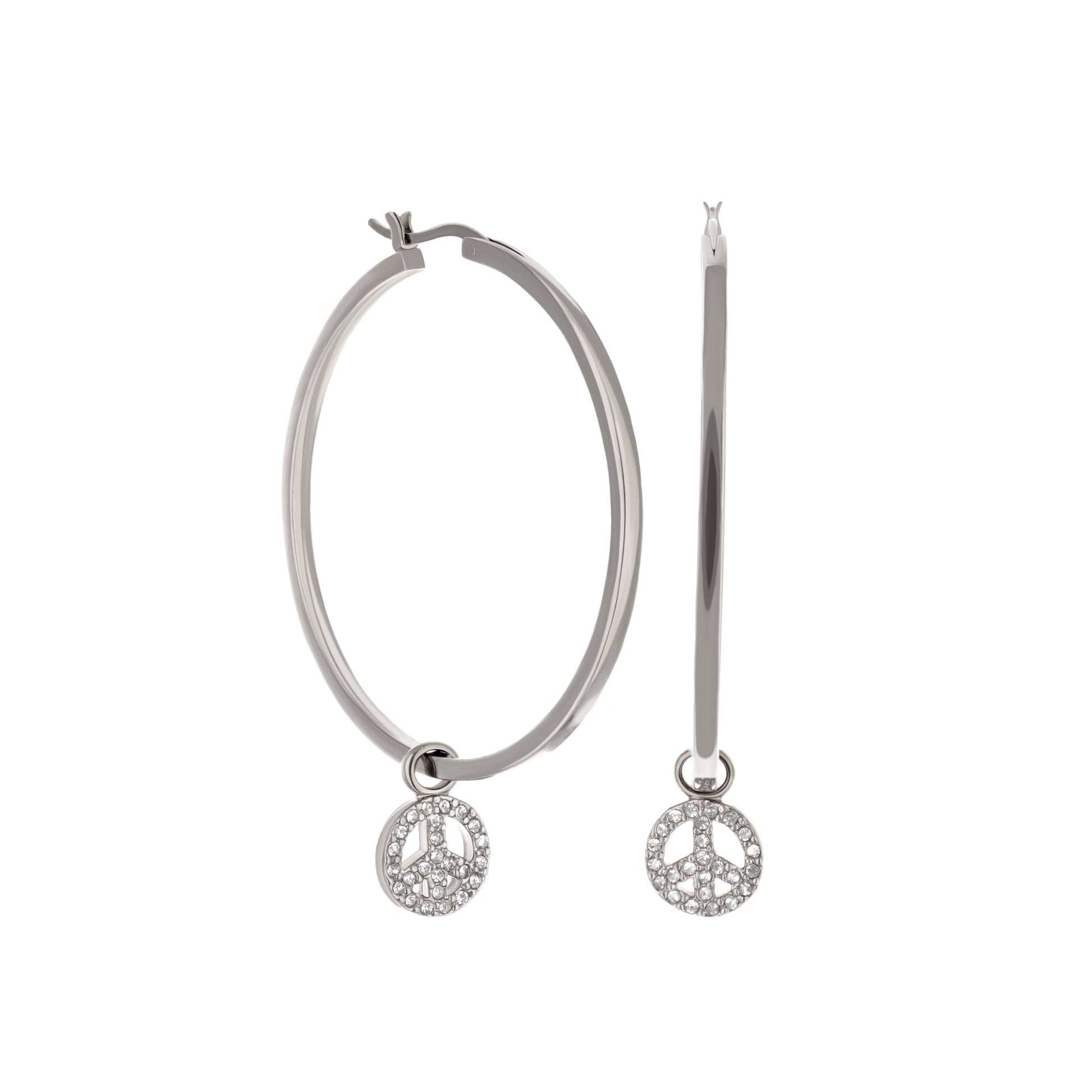 Peace Sign Hoop Earrings Lauren G Adams, silver hoops with rhinestone peace charms pair on Tampa Home & Garden Store