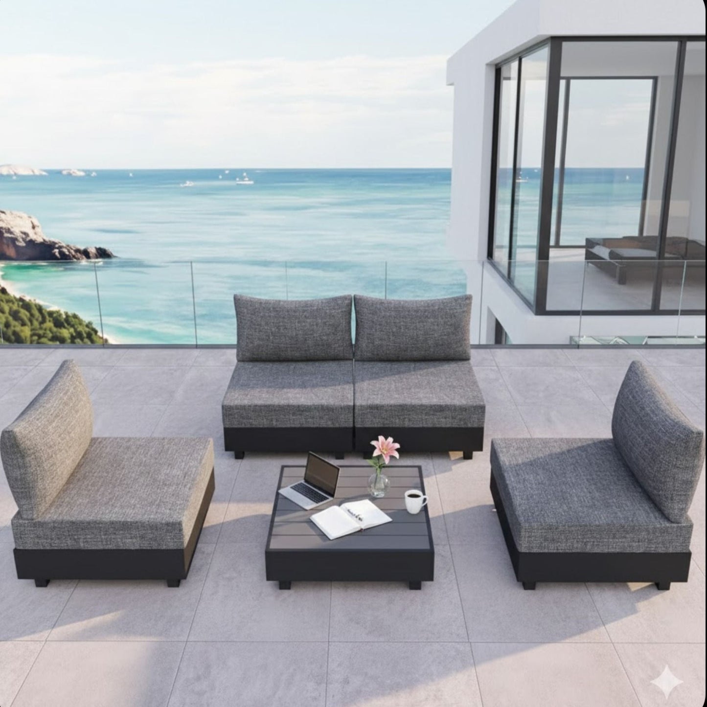 Patio sectional set gray by HouseOfZazla with modular armless chairs and coffee table 5-piece on Tampa Home & Garden Store