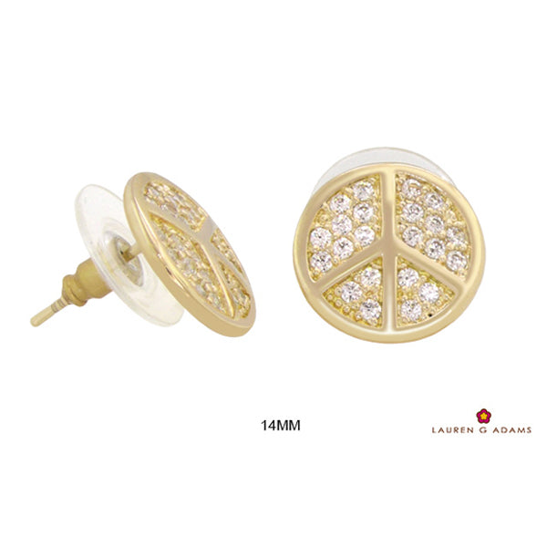 Pave Peace Stud Earrings, gold-tone circular peace sign with pavé crystals, 14mm by Lauren G Adams on Tampa Home & Garden Store