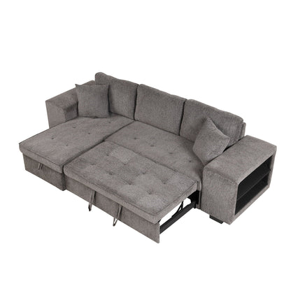 Modern L-shaped 3-seat sectional sofa with storage chaise and pull-out sleeper in grey fabric on Tampa Home & Garden Store