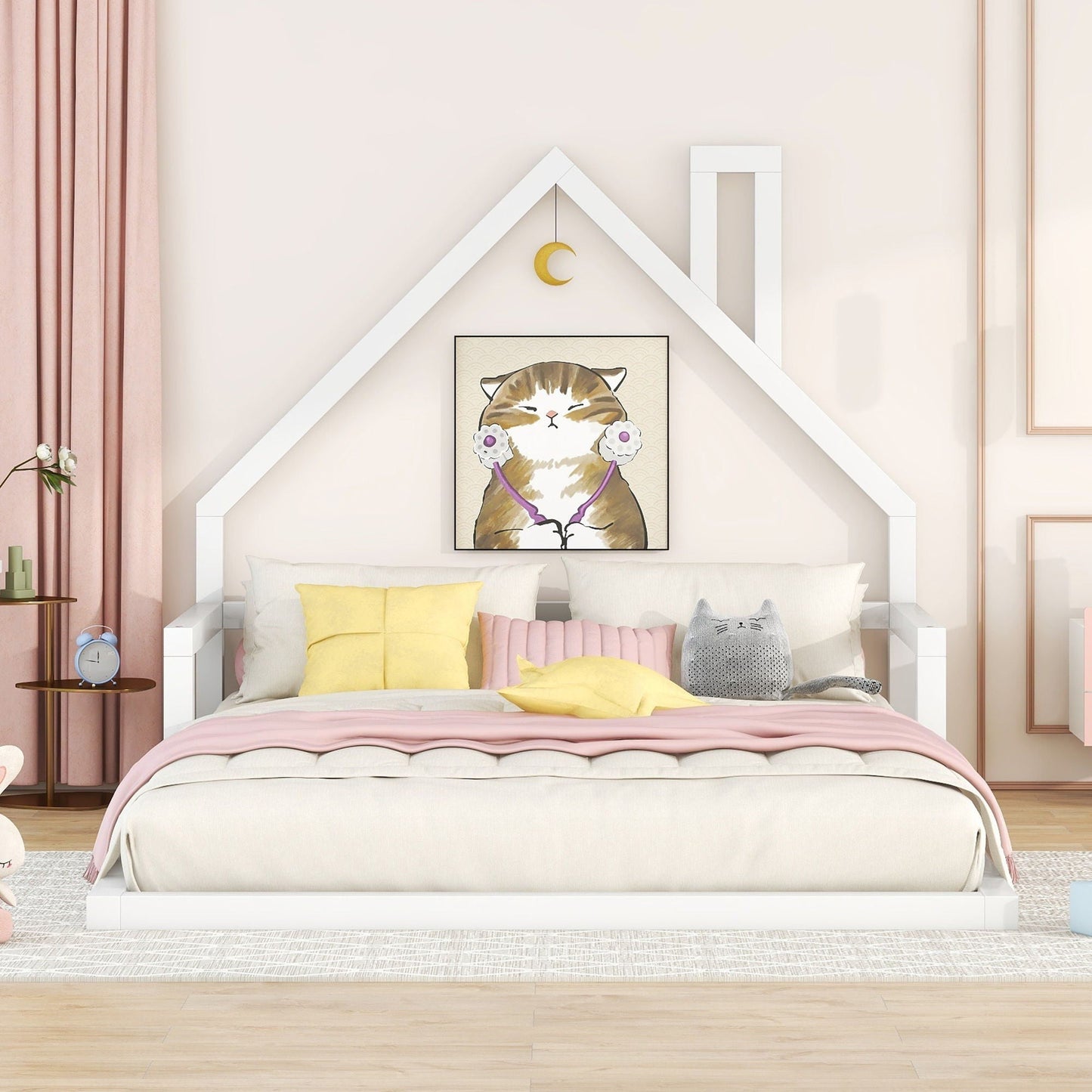 Elegant white floor bed with a house-shaped headboard, platform bed frame by HouseOfZazla on Tampa Home & Garden Store