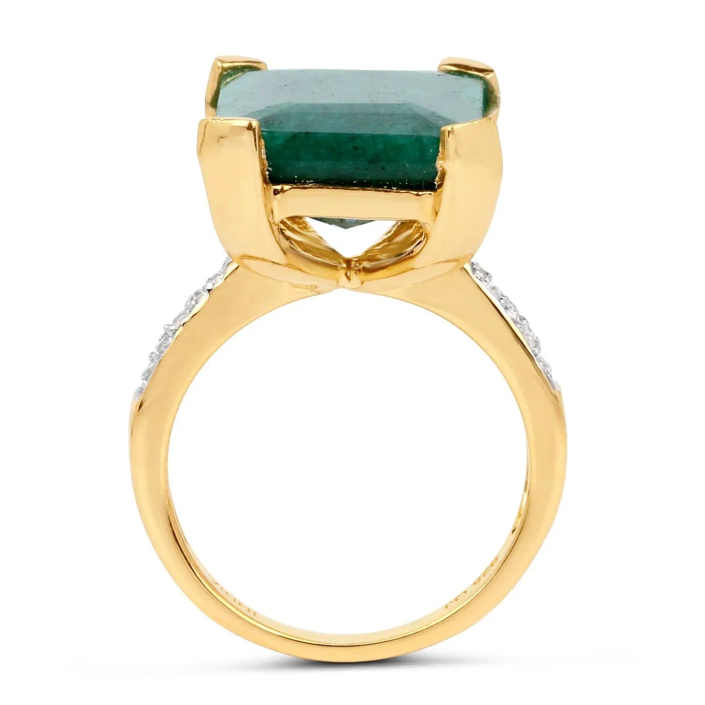 Emerald-cut dyed emerald and white diamond ring with diamond shoulders in gold-tone band on Tampa Home & Garden Store